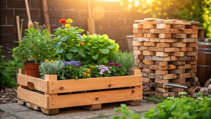 A medium closeup of a wooden pallet garden b with herbs and edible flowers positioned strategically next to piled bricks and equipment. Sunlight filters through illuminating the