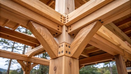 Obraz premium A medium closeup of a wooden framework being assembled featuring handcarved joints and natural finishes that blend harmoniously with the environment demonstrating the use of local