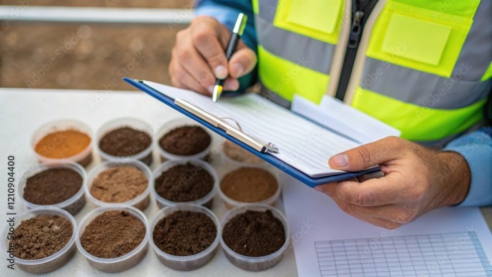 Poster A medium closeup of a worker examining soil samples in a small container with a clipboard and pen visible emphasizing the scientific aspect of site preparation.