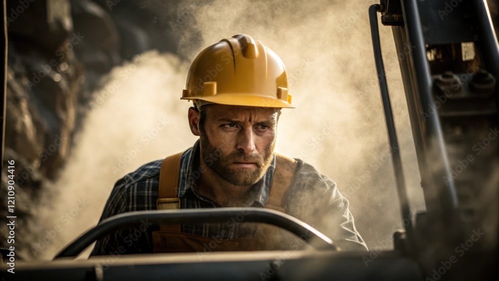 Poster a medium closeup of a worker in a hard hat his face etched with concentration as he operates a jackh