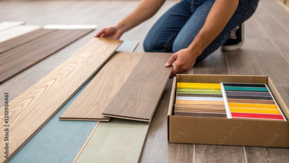 Poster A medium closeup of a worker laying out pieces of laminate planks emphasizing the layered construction of the flooring and showing an open box with various colors and grains