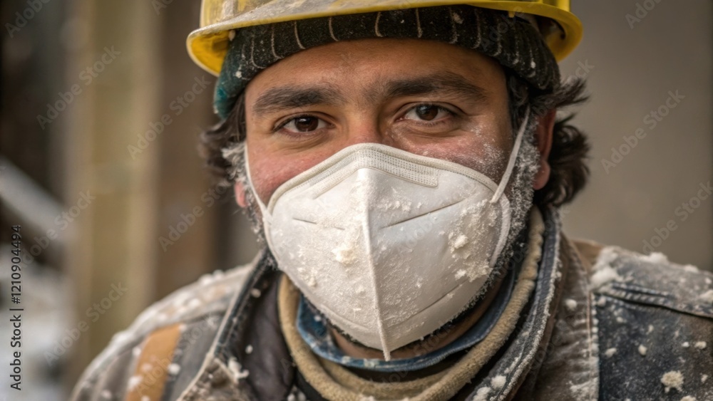 Poster A medium closeup of a workers face partially covered by a mask with strands of insulation fibers clinging to their clothes demonstrating the physical nature of the insulation