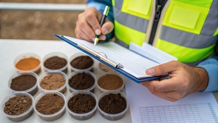 A medium closeup of a worker examining soil samples in a small container with a clipboard and pen visible emphasizing the scientific aspect of site preparation.