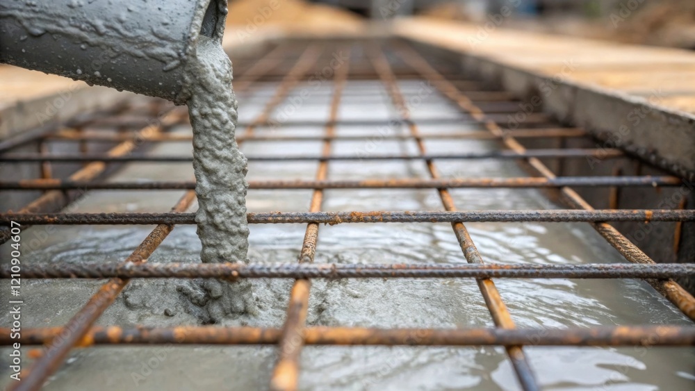 Poster a medium closeup of concrete pouring into a rebar framework with the contrast of the rough metal and