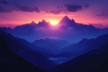 Fototapeta premium dramatic mountain range silhouettes at dusk layered peaks creating depth with purple and orange sunset sky