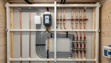 A medium closeup of electrical and plumbing systems being integrated into the walls of a prefabricated unit focusing on the meticulous nature of the installations.