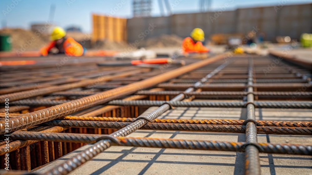Poster a medium closeup of reinforced rebar being secured in a grid formation for a new road foundation wit