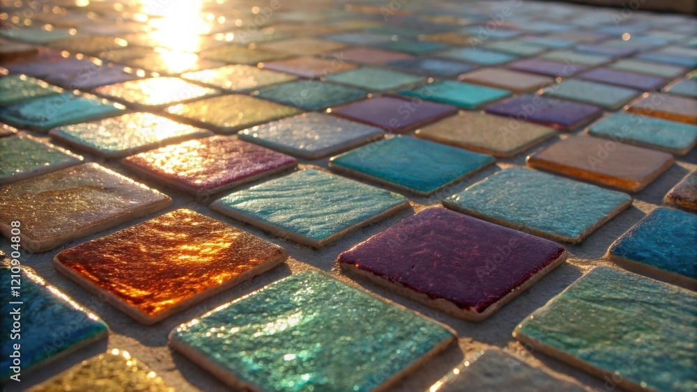Poster A medium closeup of recycled glass tiles being installed in a mosaic pattern showcasing their shimmering textures and colors. The light plays upon the surface creating a vibrant