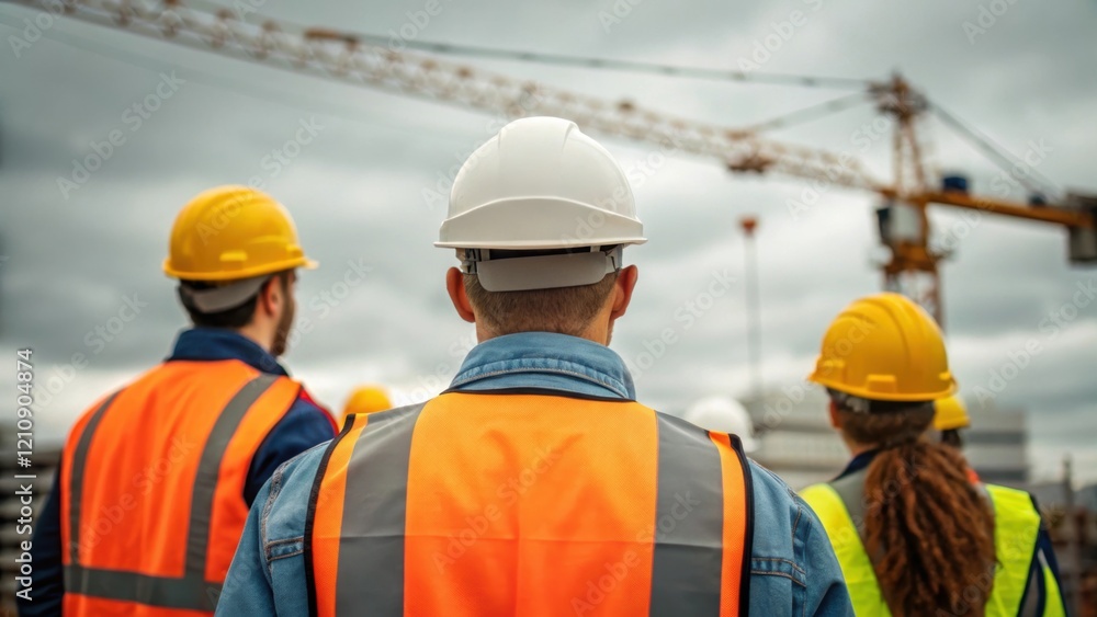 Aufkleber A medium closeup of the construction crew below shielded by hard hats and safety vests observing the crane operations intently while preparing for the next phase of their work.