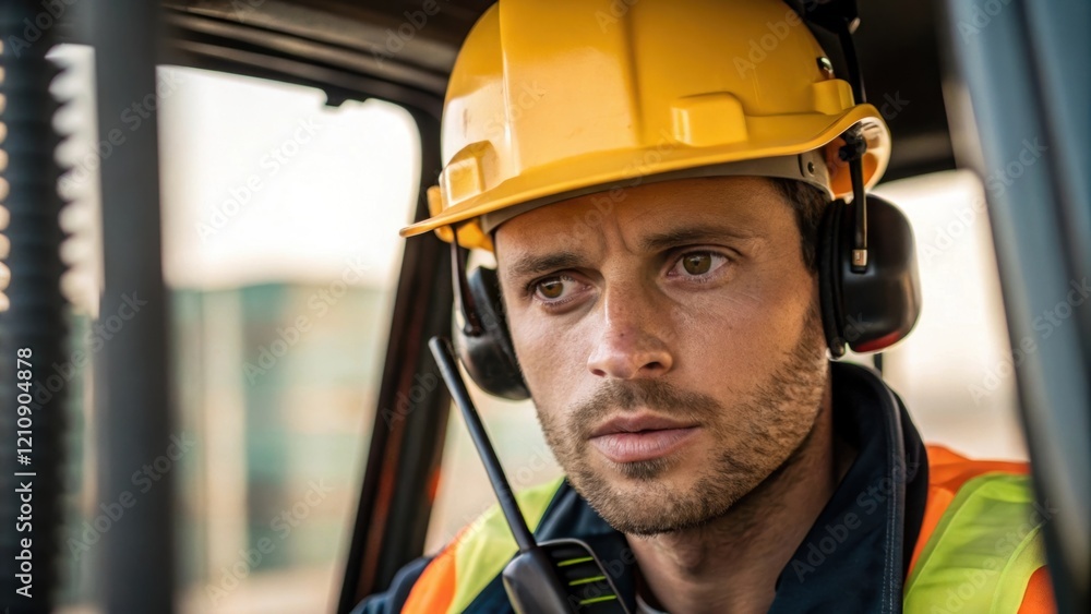 Poster a medium closeup of the crane operator focused and wearing a hard hat with intense concentration on 
