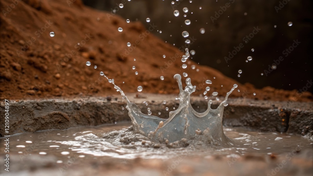 Poster a medium closeup of the concrete mixture splashing into the foundation cavity with small droplets ca