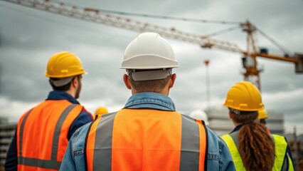 A medium closeup of the construction crew below shielded by hard hats and safety vests observing the crane operations intently while preparing for the next phase of their work.
