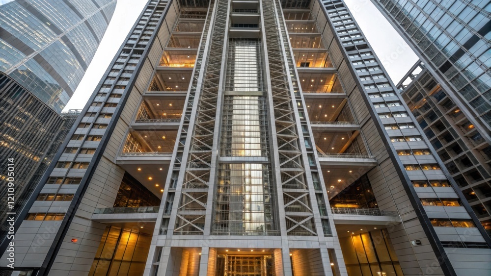 Poster A medium closeup of the skyscrapers crosssection highlighting its advanced structural framework elevators and open floor plans allowing a glimpse into the innovative space