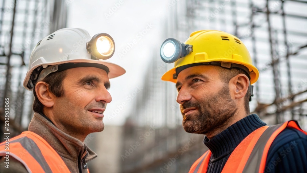 Poster A medium closeup of two construction workers conversing amidst a backdrop of towering scaffolding their faces highlighted by a nearby portable light conveying camaraderie and