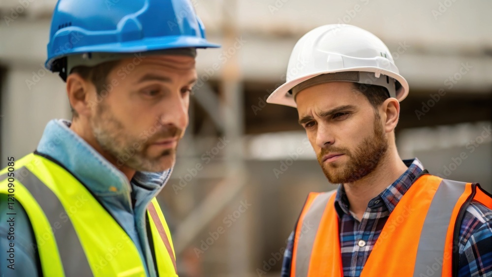 Poster a medium closeup of two workers discussing plans both wearing reflective vests and helmets their ser