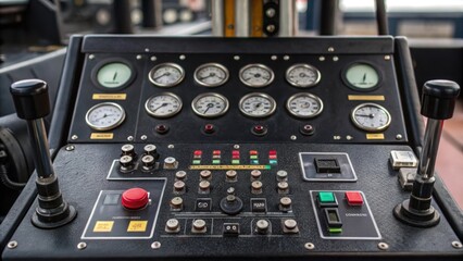 A medium closeup of the rigs control panel filled with buttons gauges and levers showing the intricate system that allows for precise adjustments while drilling into a solid