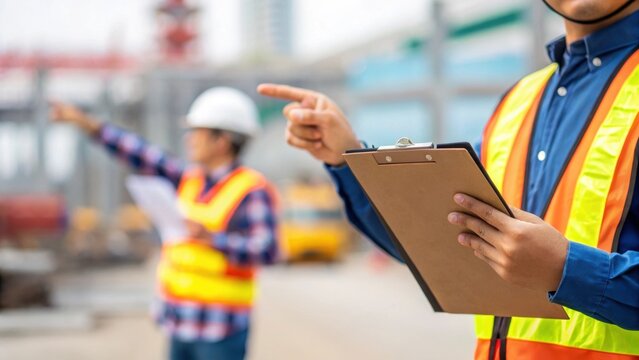 A medium closeup of the safety officer holding a clipboard tightly in one hand while the other hand gestures towards a construction worker emphasizing a point about proper safety