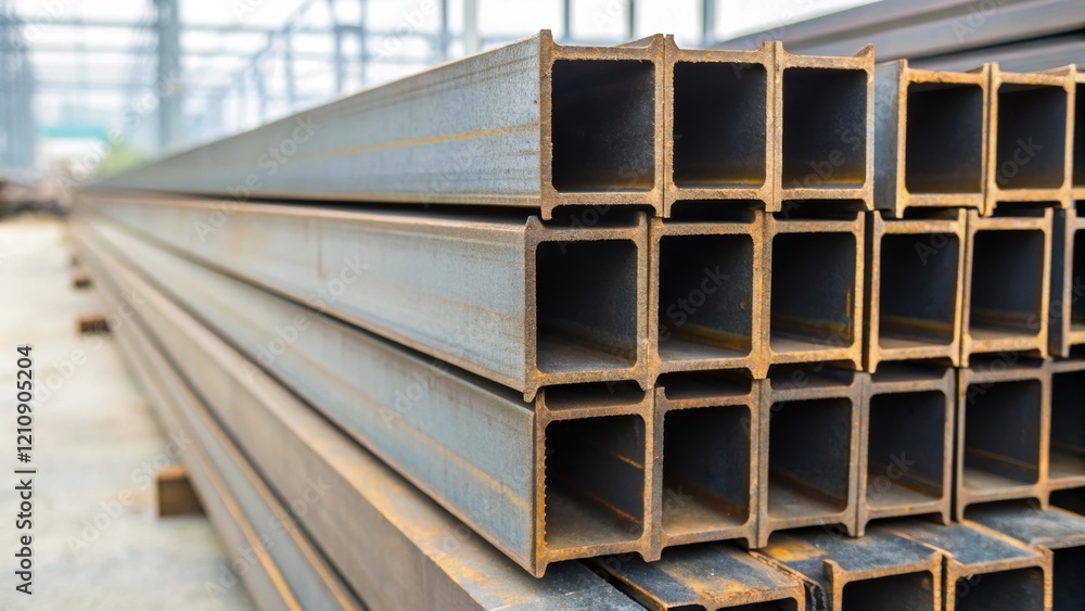 Poster a medium closeup photograph captures a series of steel beams stacked on each other highlighting the 