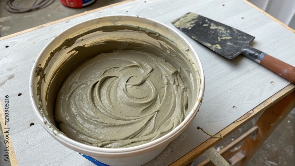 Poster A medium closeup photograph displaying a bucket of mixed grout the surface marked by swirls and air bubbles with a trowel resting nearby ready for application.