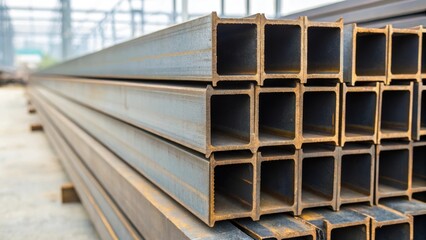 Fototapeta premium A medium closeup photograph captures a series of steel beams stacked on each other highlighting the symmetry and organization that are crucial in construction logistics and