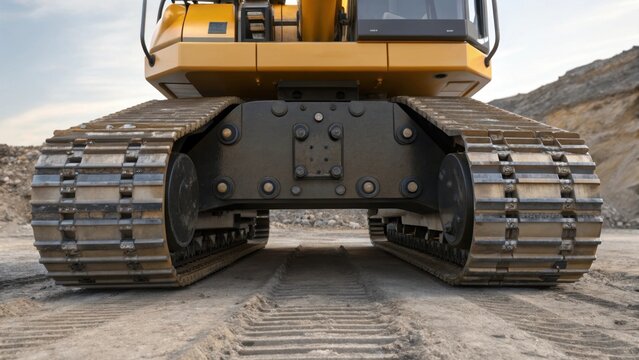 A medium closeup revealing the rear view of an excavators undercarriage showcasing the intricate assembly of tracks wheels and components that enable it to navigate through tough