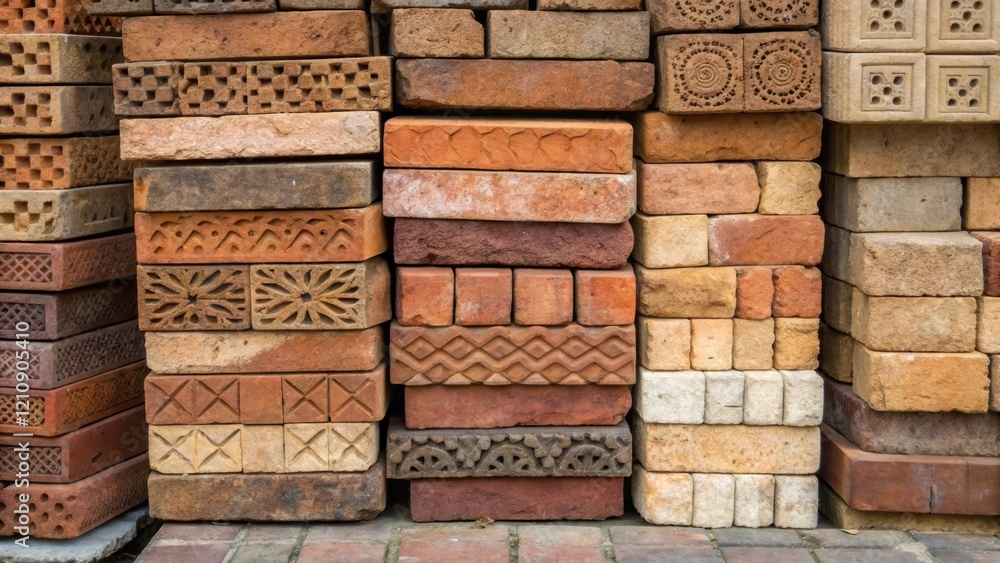 Aufkleber A medium closeup shot of stacks of reclaimed bricks each with unique patterns and colors demonstrating how the reuse of materials creates a rich tapestry in building design while