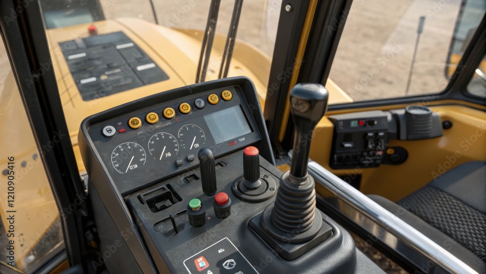 Aufkleber A medium closeup shot of the control panel inside an excavator cab featuring various levers and buttons with fingerprints visible on the glass dashboard signifying daily use.