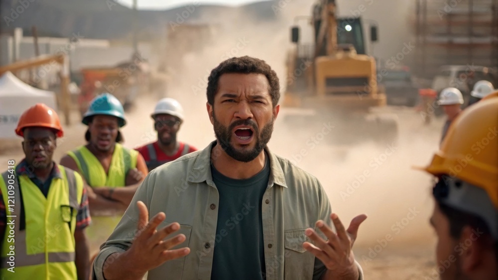 Aufkleber A medium closeup shot of the foreman shouting instructions to a diverse group of workers with dust and machinery creating an active dynamic atmosphere around them.