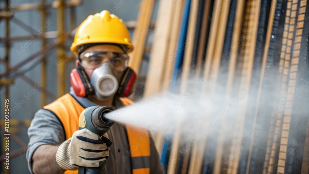 Aufkleber A medium closeup showcasing a construction worker using a handheld dust control sprayer with a focus on the spray pattern dispersing in the air amidst a backdrop of tered