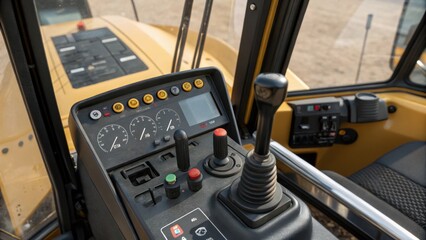 A medium closeup shot of the control panel inside an excavator cab featuring various levers and buttons with fingerprints visible on the glass dashboard signifying daily use.