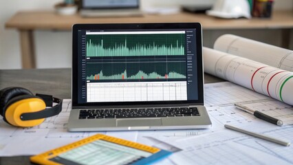 A medium closeup shot of a noise level graph displayed on a computer screen set on a worktable cluttered with construction plans and acoustic analysis tools showcasing data