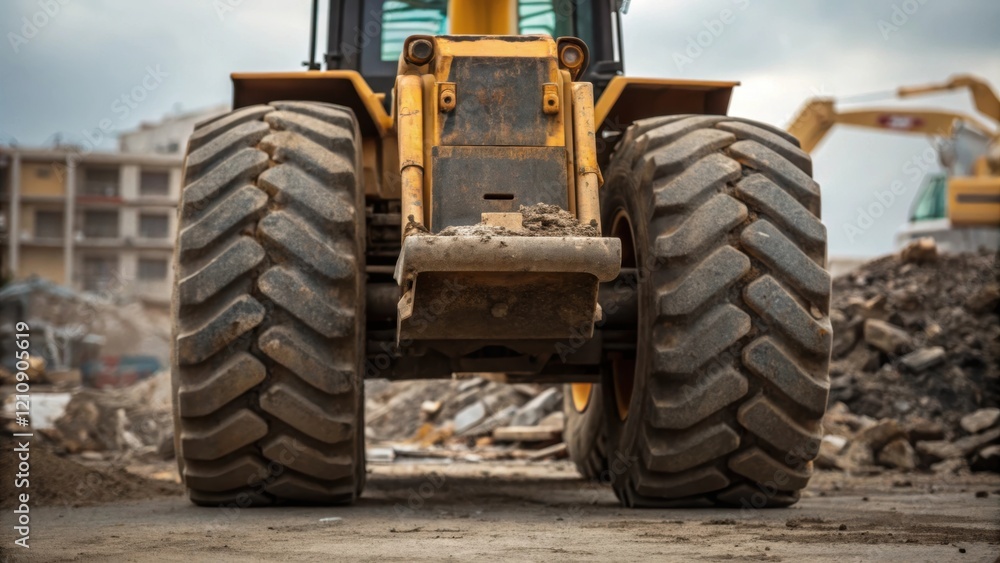 Aufkleber a medium closeup that captures the backhoes massive tires against the backdrop of a construction sit