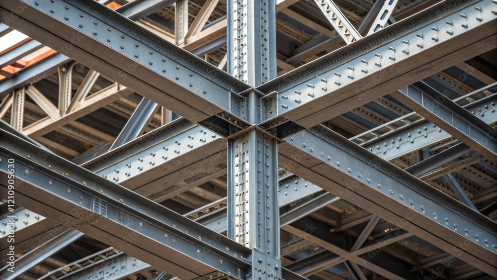 Aufkleber A medium closeup view emphasizes the overlapping steel beams in a construction scene showcasing their interlocking design and the complexity of architectural frameworks.