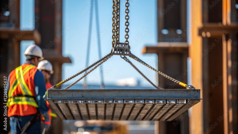 Poster a medium closeup view of a crane lifting a recycled steel framework into place capturing the interpl
