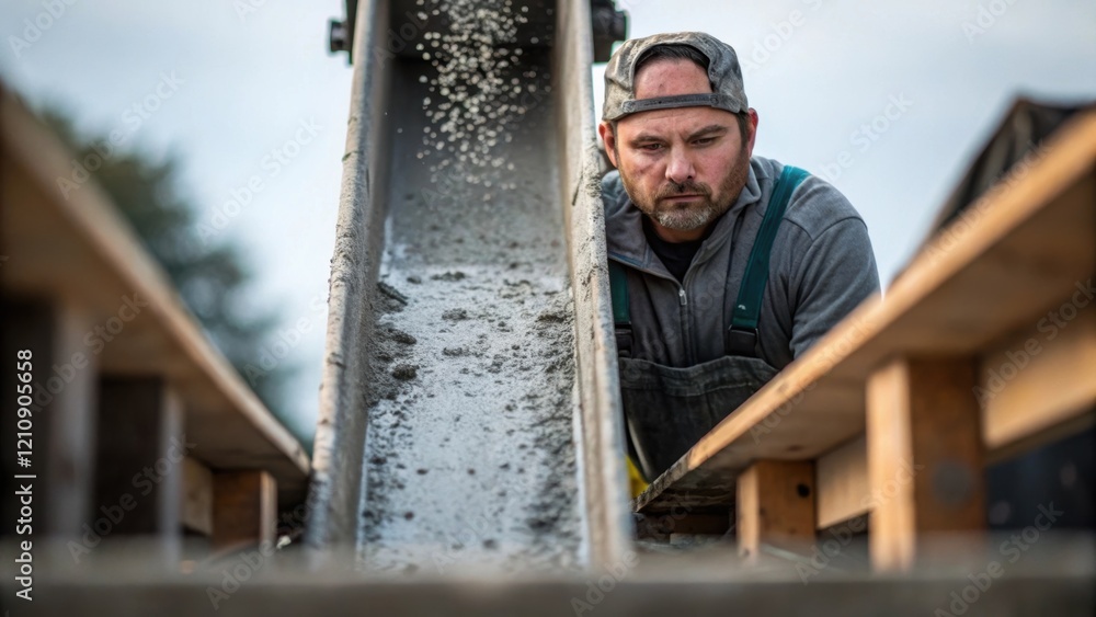Aufkleber A medium closeup that captures the worker operating the chute focused on ensuring an even pour with concrete splashing against the framing of the foundation highlighting labor in