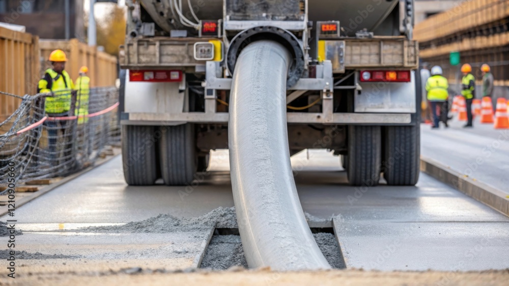 Poster a medium closeup that captures the pumping truck with concrete spilling into the pipeline showcasing