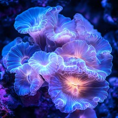 Obraz premium Vibrant blue and purple coral glowing underwater. Intricate texture and bioluminescent detail. Perfect for ocean, nature, and marine life themes.