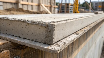 A medium closeup view of a concrete form being dismantled capturing the moment when the last section is lifted off exposing the concretes fine details such as air bubbles and