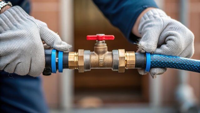 A medium closeup that captures the moment a hose connects to a backflow preventer with the installers gloved hands showcasing the connection process crucial for system integrity.
