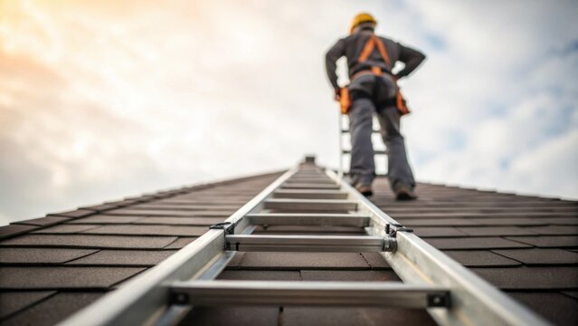 A medium closeup showing a roofer grasping a shingle while standing on a ladder with a blurred background of the building structure illustrating the height and perspective of the - Powered by Adobe