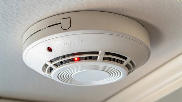 A medium closeup view of a smoke detector on a ceiling showcasing its sleek design and a blinking LED indicator symbolizing the constant vigilance of fire safety.