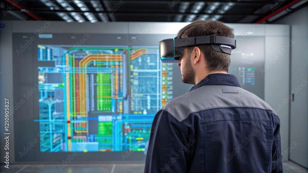 Poster an ar headmounted display showcases a vibrant holographic visualization of plumbing and electrical s