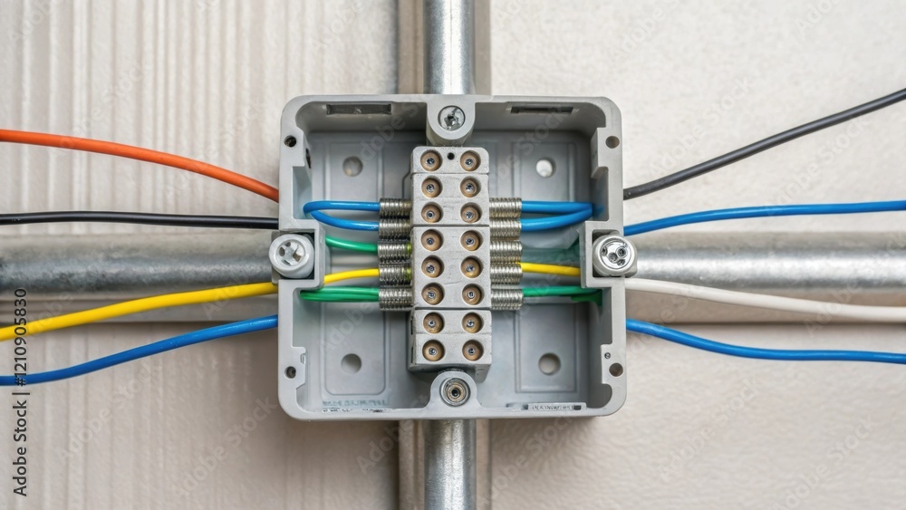 Poster An artistic closeup of a junction box being firmly secured to a wall showing the intricate placement of screws and the neat arrangement of wires entering from multiple directions