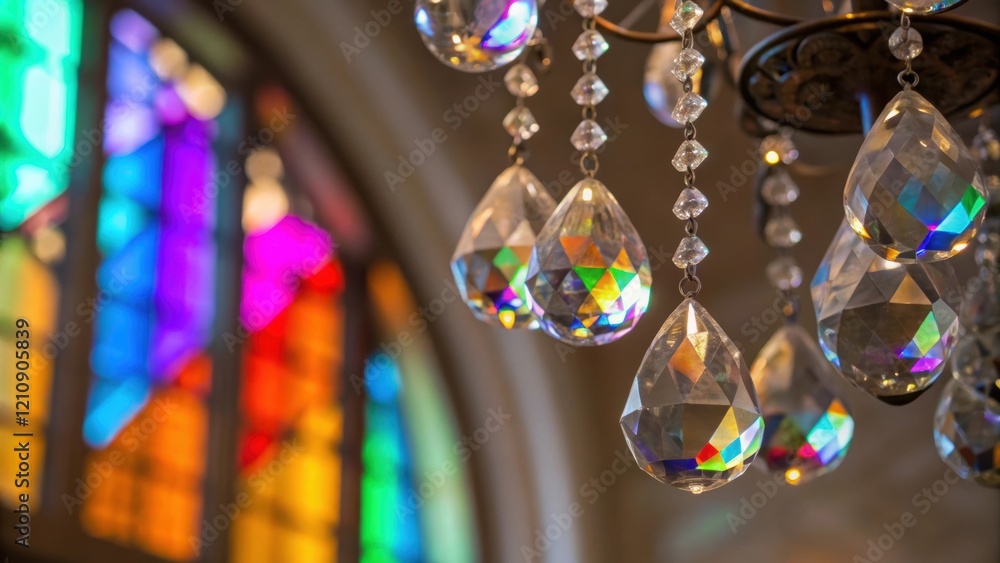 Aufkleber An artistic closeup of reflective glass prisms dangling from a chandelier capturing the interplay of reflection and light creating a spectrum of colors on the surrounding surfaces.