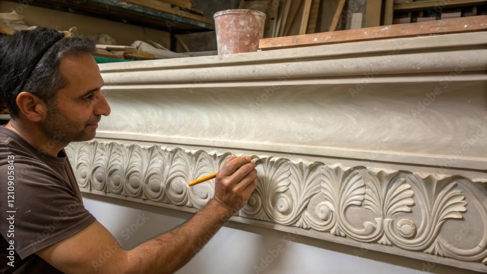 Poster an artisan applying a traditional plaster technique to restore a decayed stucco surface highlighting