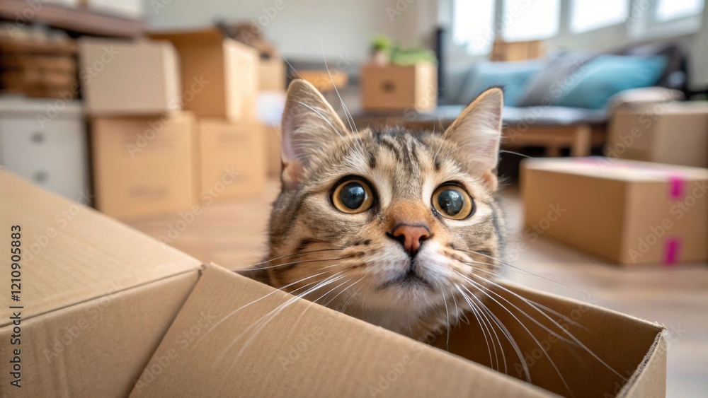 Poster an expressive closeup of a pet cat curiously inspecting a cardboard box wide eyes and whiskers promi