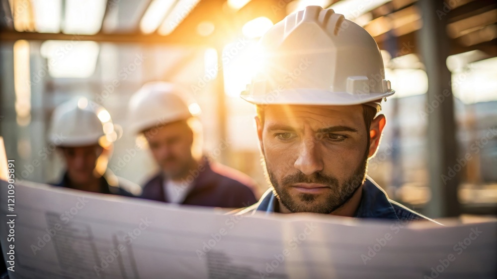 Poster a narrow focus on a workers face showing concentration and determination as he studies a section of 
