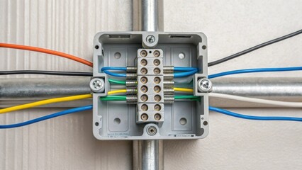 An artistic closeup of a junction box being firmly secured to a wall showing the intricate placement of screws and the neat arrangement of wires entering from multiple directions