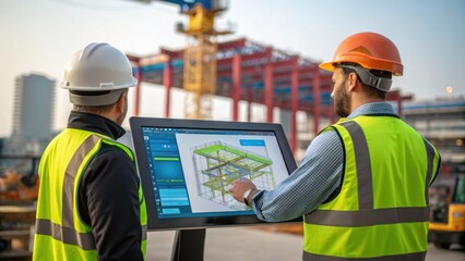 An engineer in a hard hat and safety vest collaborates with a colleague at a large digital touchscreen manipulating BIM software to showcase structural changes surrounded by the
