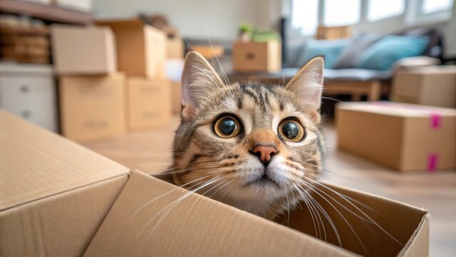 An expressive closeup of a pet cat curiously inspecting a cardboard box wide eyes and whiskers prominent while the bustling activities of moving unfold in the background.